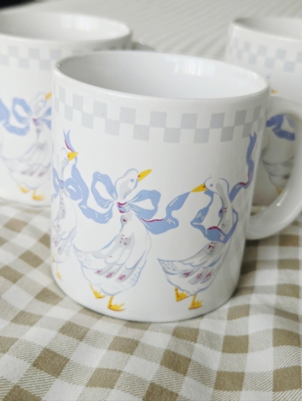 Vintage Set Of 3 Goose, Blue Ribbon, And Checkered Pattern Ceramic Mugs